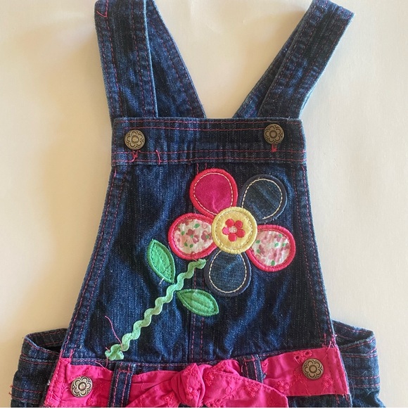 Y2K Denim Overall Shorts 4T Flower Patchwork Ric Rac Shortalls Ruffles - Picture 2 of 5